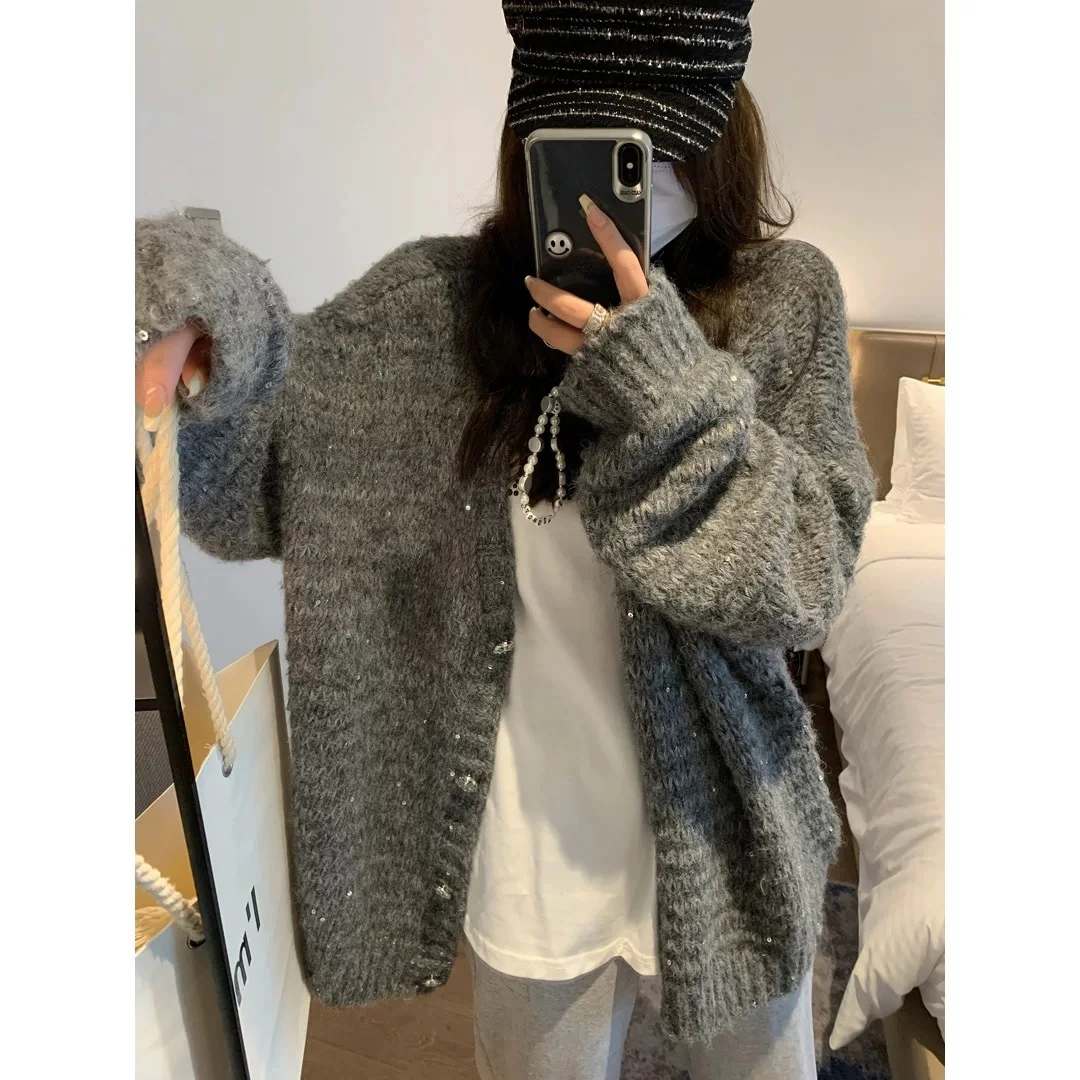 亮片针织开衫女氛围感2024秋季新款羊毛宽松慵懒厚实毛衣外套上衣