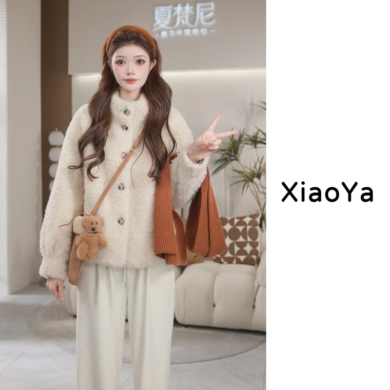 【云朵羔羔】夏梵尼2024冬季新款韩版简约立领单排扣毛毛外套