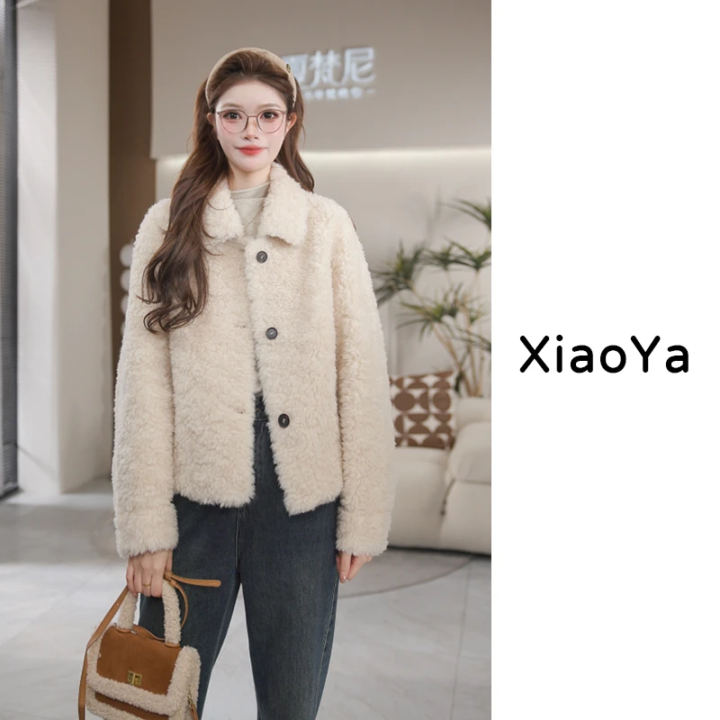 【芬兰雪季】夏梵尼2024冬季新款韩版翻领简约单排扣毛毛外套