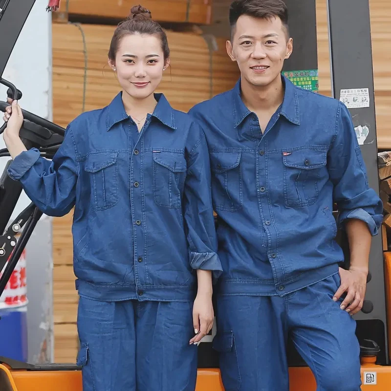 夏季薄款牛仔工作服套装男耐磨男士电焊专用防烫工装汽修焊工服