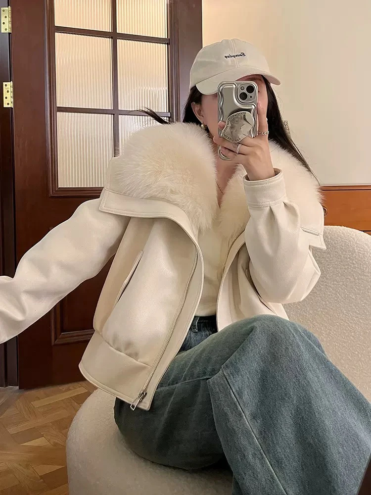 欧货2024冬新款机车夹克狐狸毛外套女皮毛一体爆款