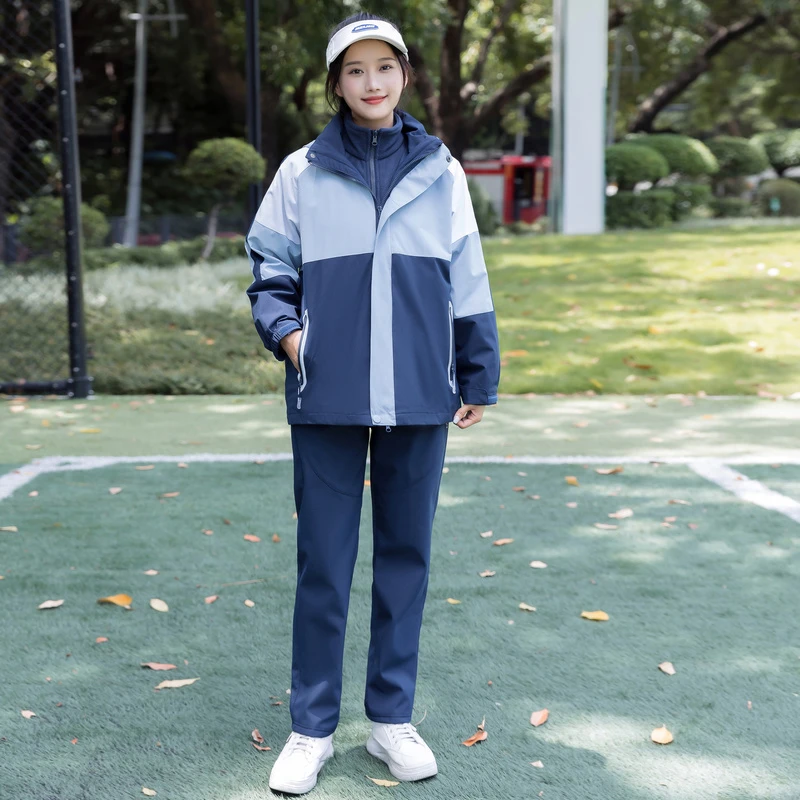 春秋季中学生上衣外套秋冬加厚三合一学生校服裤子防风初中冲锋衣