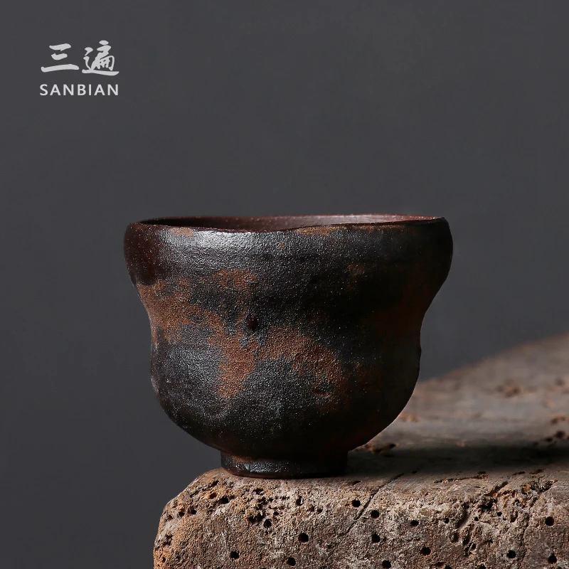 侘寂风日式手捏主人杯茶杯葫芦茶杯志野烧品茗杯创意粗陶茶具单杯