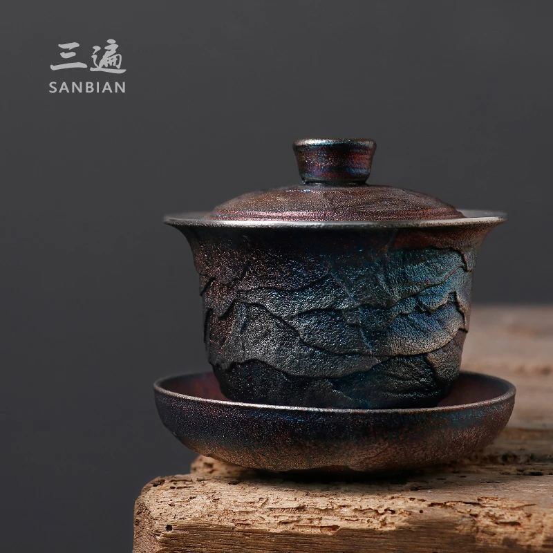 手工鎏银999三才盖碗茶盏手作峭壁纹复工功夫茶具 景德镇盖杯茶碗