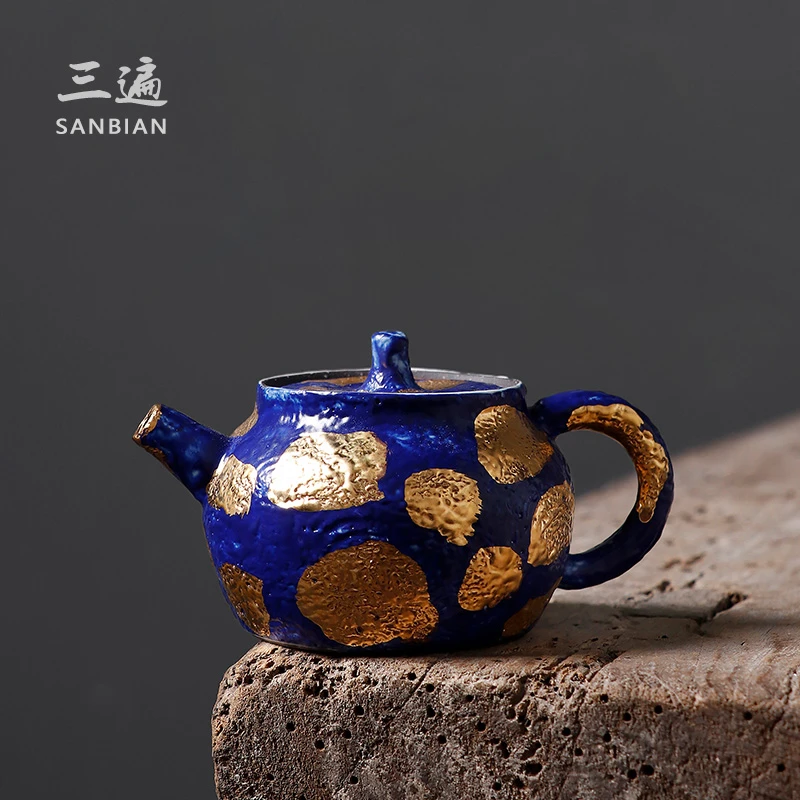 帝王蓝志野烧茶壶柴烧壶日式复古泡茶壶粗陶禅意描金茶壶仿古单壶
