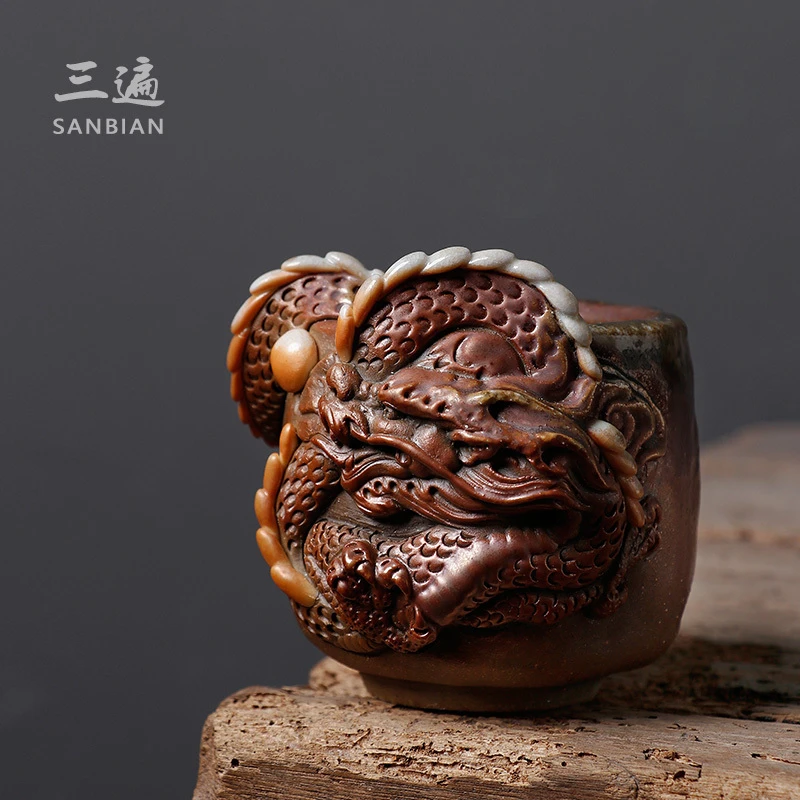 纯手工粗陶柴烧主人杯单杯自然落灰功夫茶杯品茗杯陶瓷男士生肖龙