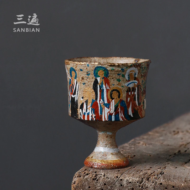 手绘龟兹壁画志野烧茶杯景德镇柴烧手作单杯品茗杯开片粗陶主人杯