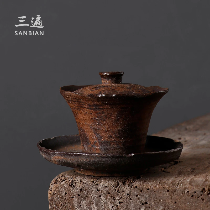 日式手捏侘寂风盖碗茶杯 创意ins紫砂功夫茶具粗陶盖杯易养手抓壶