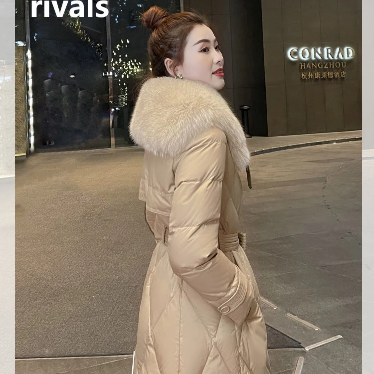 波澄司羽绒服鸭绒新款爆款时尚洋气中长款过膝毛领加厚外套收腰