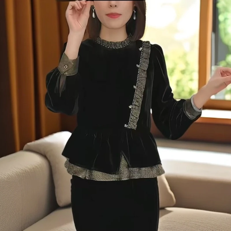 （现货）金丝绒气质优雅时尚百搭拼接洋气小衫长袖打底衫秋冬款071