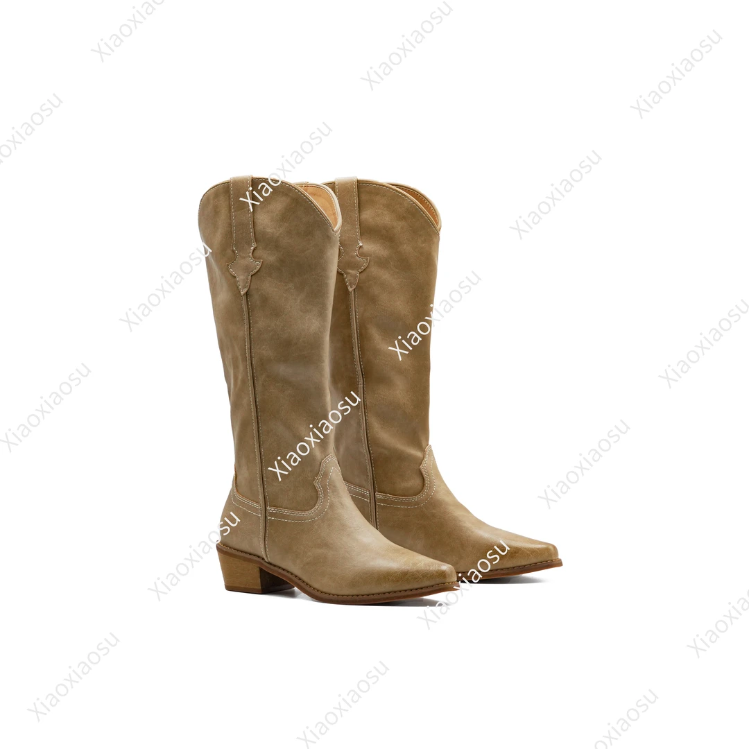 糖糖【易梦玲同款高靴】2024新款复古裂皮纹高筒靴走秀骑士时装尖头