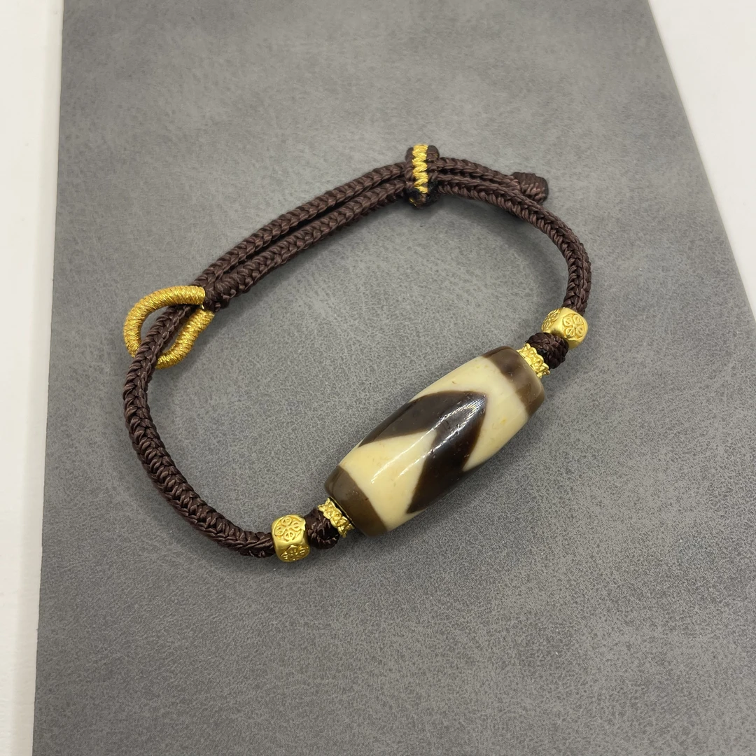 藏式仿老 牙黄『单牙』 12*29.2mm 镶蚀玛瑙台珠 手链