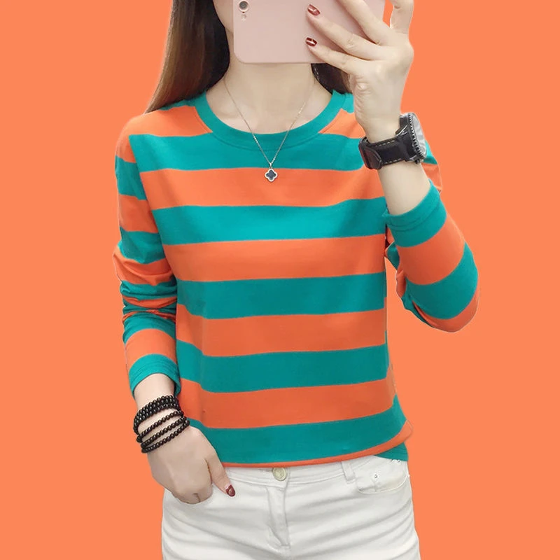 棉质长袖T恤女中老年洋气减龄初秋装时尚条纹宽松上衣妈妈打底衫