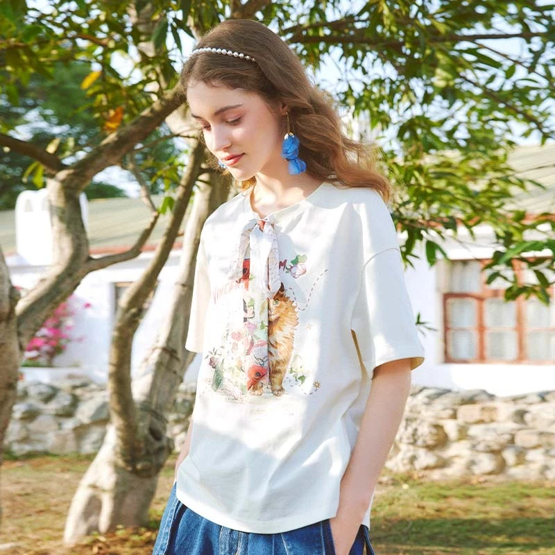 两三事喵趣信旅可爱猫咪印花短袖t恤S24CT012