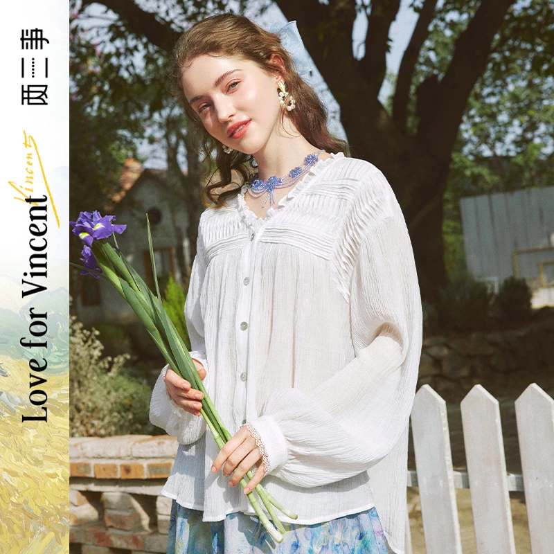 【两三事】星环灵风 法式风琴褶印花长袖衬衫女S24CC038