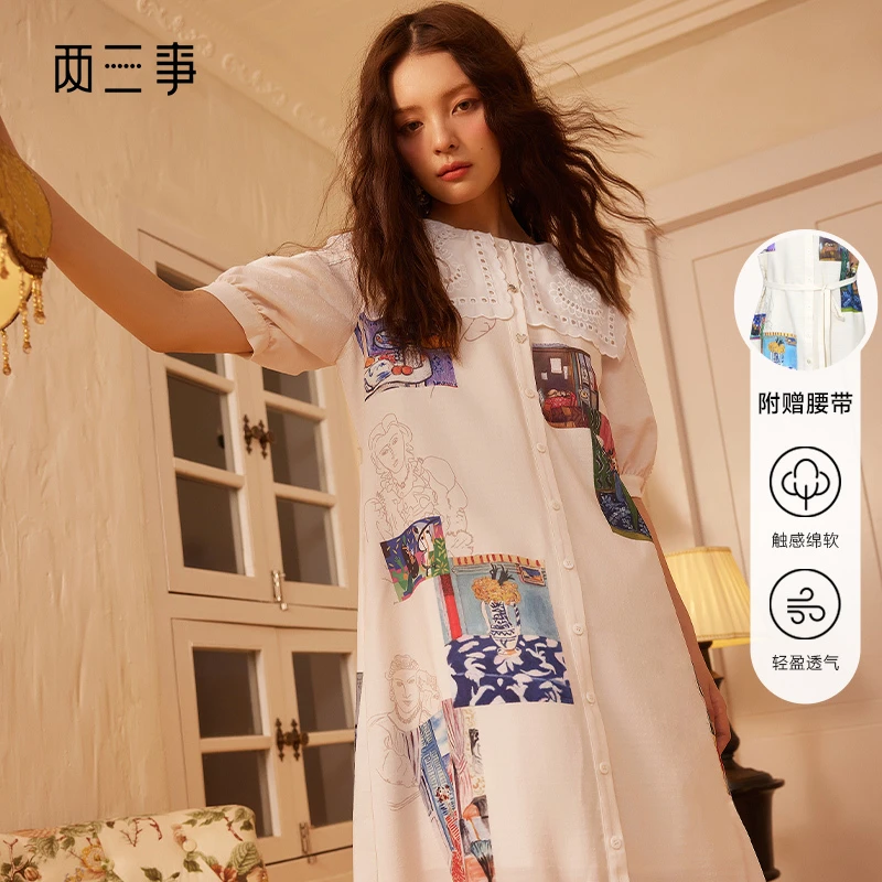 两三事【文旅史诗】森女风蕾丝拼接印花布拼接连衣裙S23XLY169