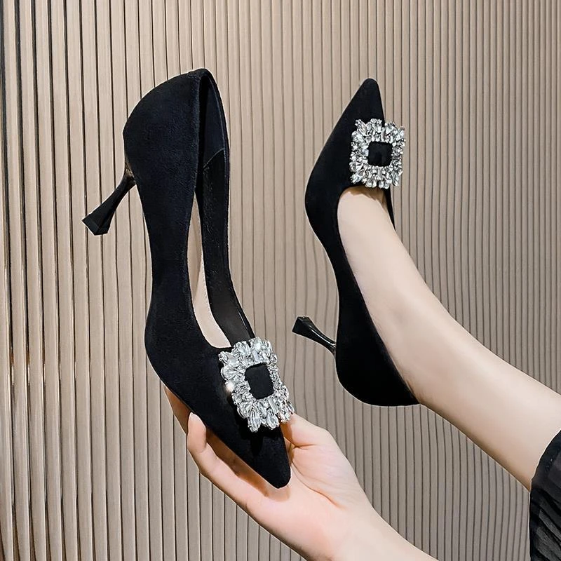 高跟鞋女细跟法式尖头水钻2025年夏季新款时尚气质黑色职业单鞋女