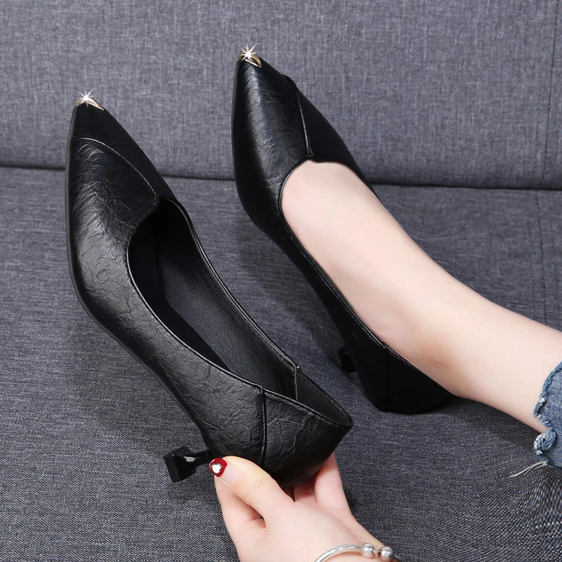 小跟单鞋女两穿2025春秋新款黑色高跟鞋不累脚中跟软皮久站工作鞋