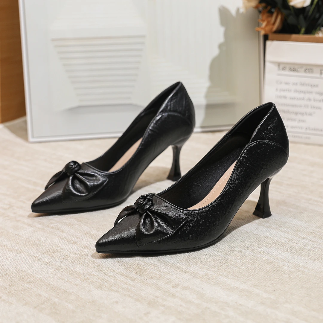 法式高跟鞋女细跟2025新款黑色职业百搭气质不累脚女鞋软皮单鞋女