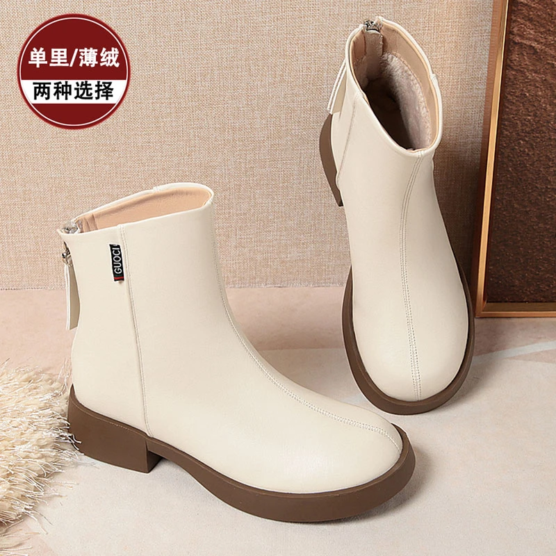 2024新款女士单靴春秋款真皮粗跟百搭短筒皮靴不加绒秋冬白色短靴