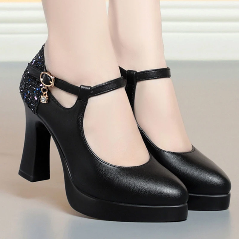 高跟鞋粗跟走秀旗袍鞋专用不累脚单鞋子小个子女鞋防水台女士皮鞋