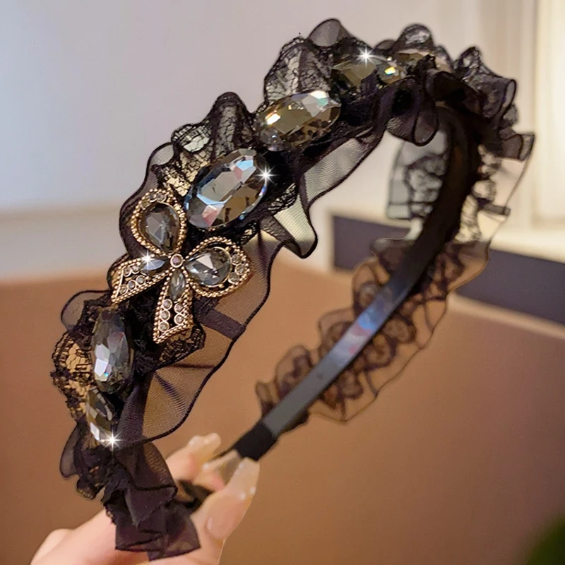 新款网纱蝴蝶结水钻发箍女高级感显脸小黑色蕾丝边头箍高颅顶发卡