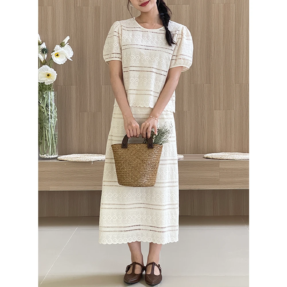 【茶歇庄园】韩版温柔镂空印花气质上衣半裙时尚套装N0015长款