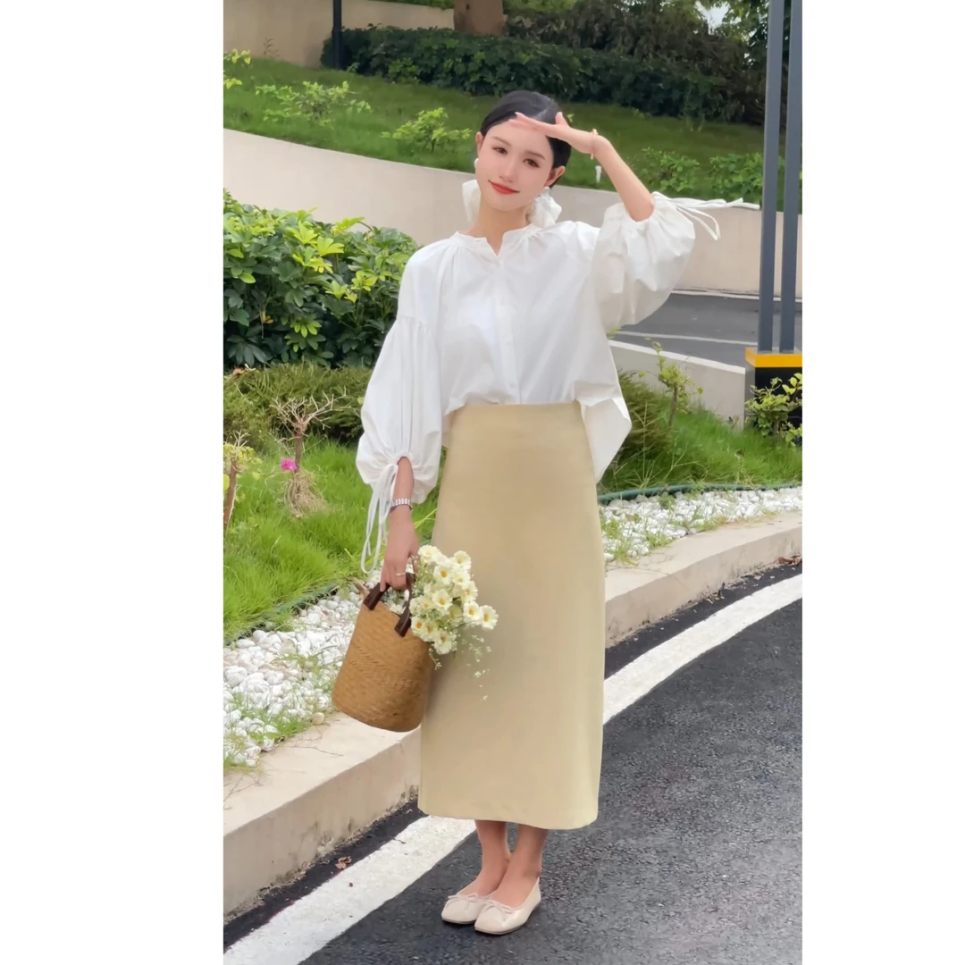 现货清仓【艺术感】高级感大袖子气质上衣时尚泡泡袖衬衫半身裙N008