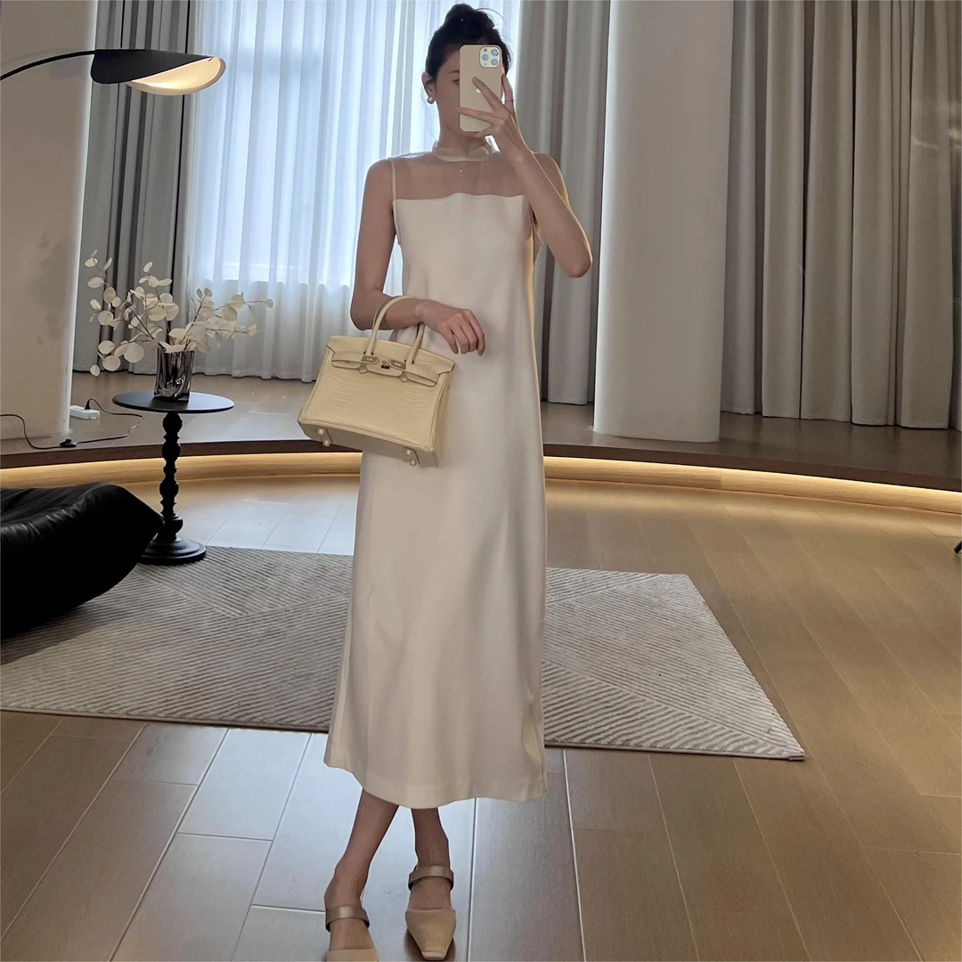 现货【琼芳】吊带连衣裙女气质显瘦高级感缎面A字长裙LZ0042