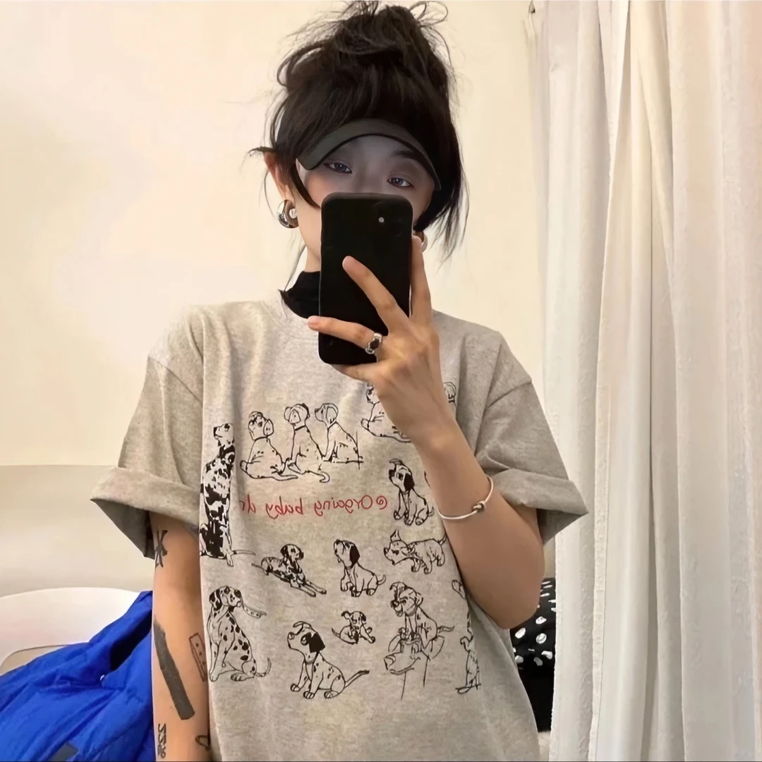 韩版花灰色斑点狗印花纯棉短袖T恤女夏季新款圆领宽松上衣百搭T恤