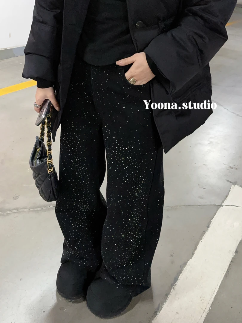 【U那】冬季战裤满钻加厚绒阔腿高腰牛仔裤