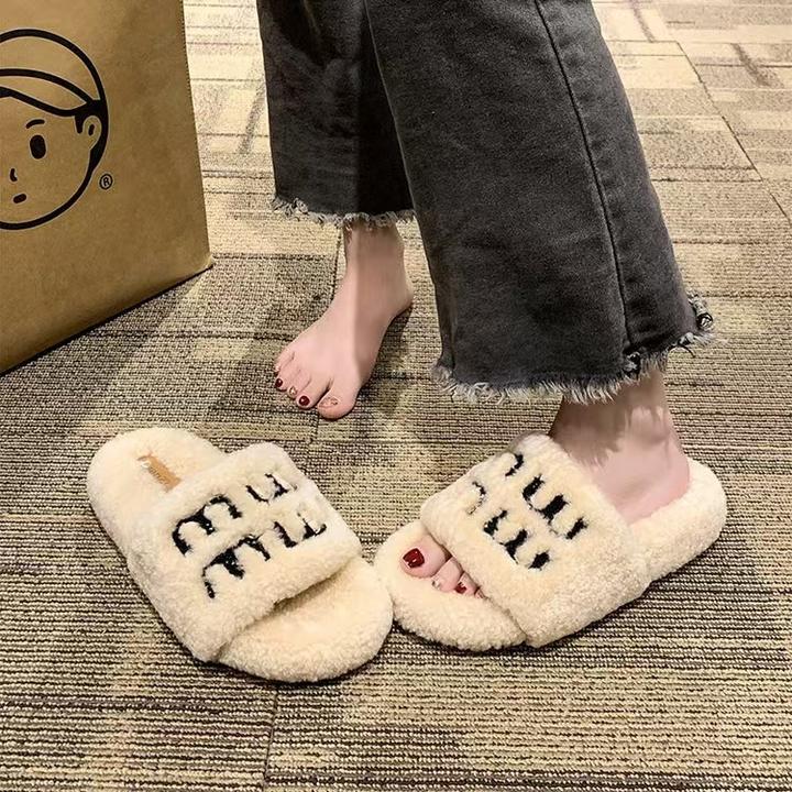 厚底毛平底女款网红时尚休闲一字拖百搭羊羔毛外穿居家防滑毛绒鞋
