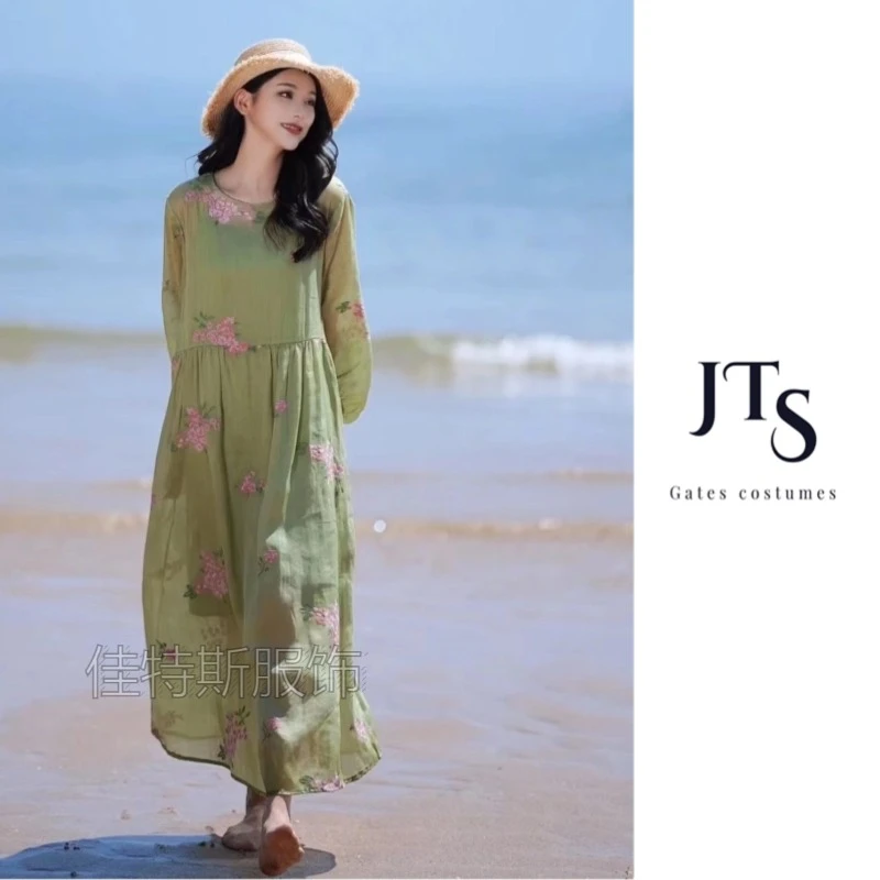 Q6363#纯色苎麻满绣气质宽松连衣裙夏季日常复古显瘦女装连衣裙