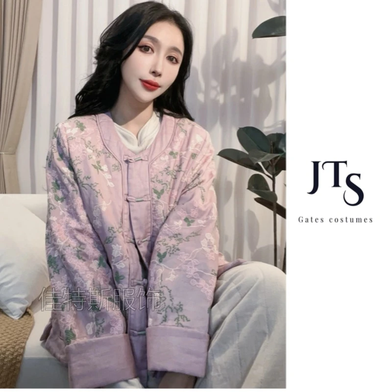 A1902#苎麻满绣秋冬新品中式复古手工盘扣中国风绣花宽松夹棉外套