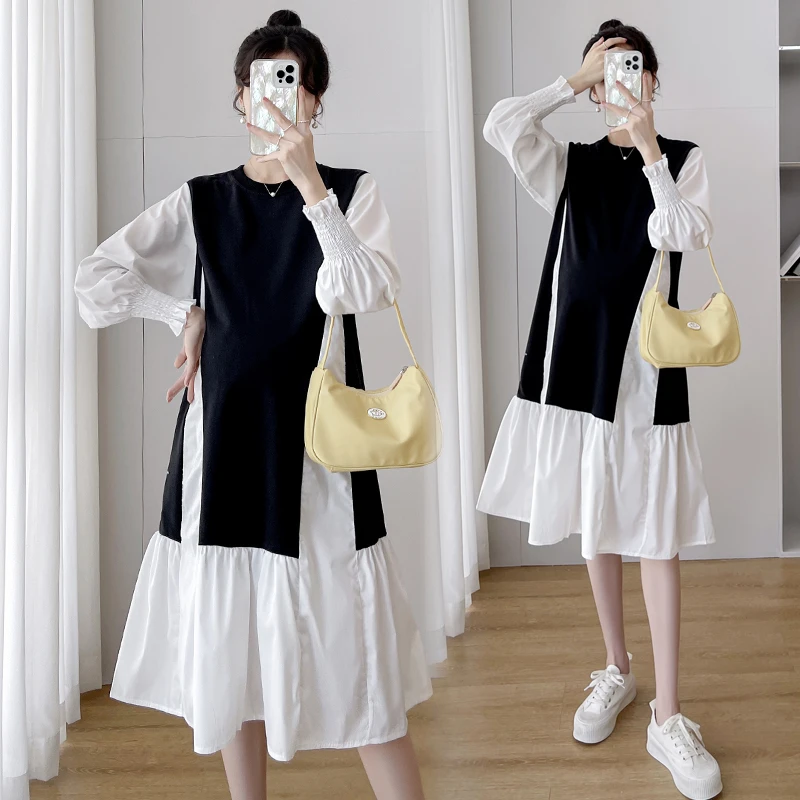 孕妇装2024春季长袖圆领拚色时尚孕妇减龄拼接气质宽松辣妈连衣裙