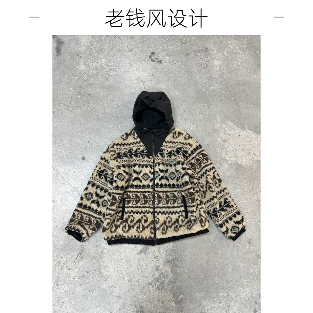 【杨英家复古定制老钱风设计】民族风花纹羔绒连帽外套 7927