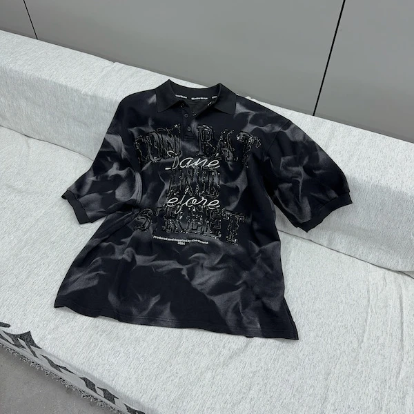 【杨英家美式 polo】复古晕染做旧扎染刺绣高定版7分袖T恤37618