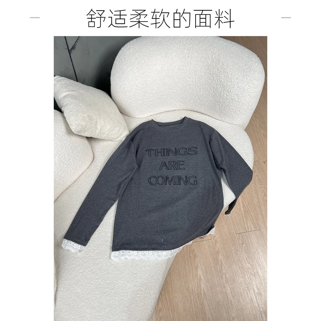 【杨英家韩系云朵绒独特拼接蕾丝设计】休闲百搭T恤8867