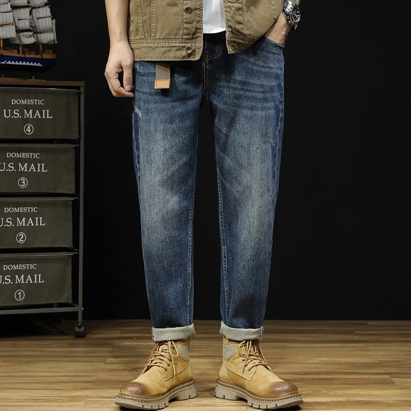 胖哈哈大码男装秋冬大牛风复古牛仔裤男小脚O型版宽松弹力长裤