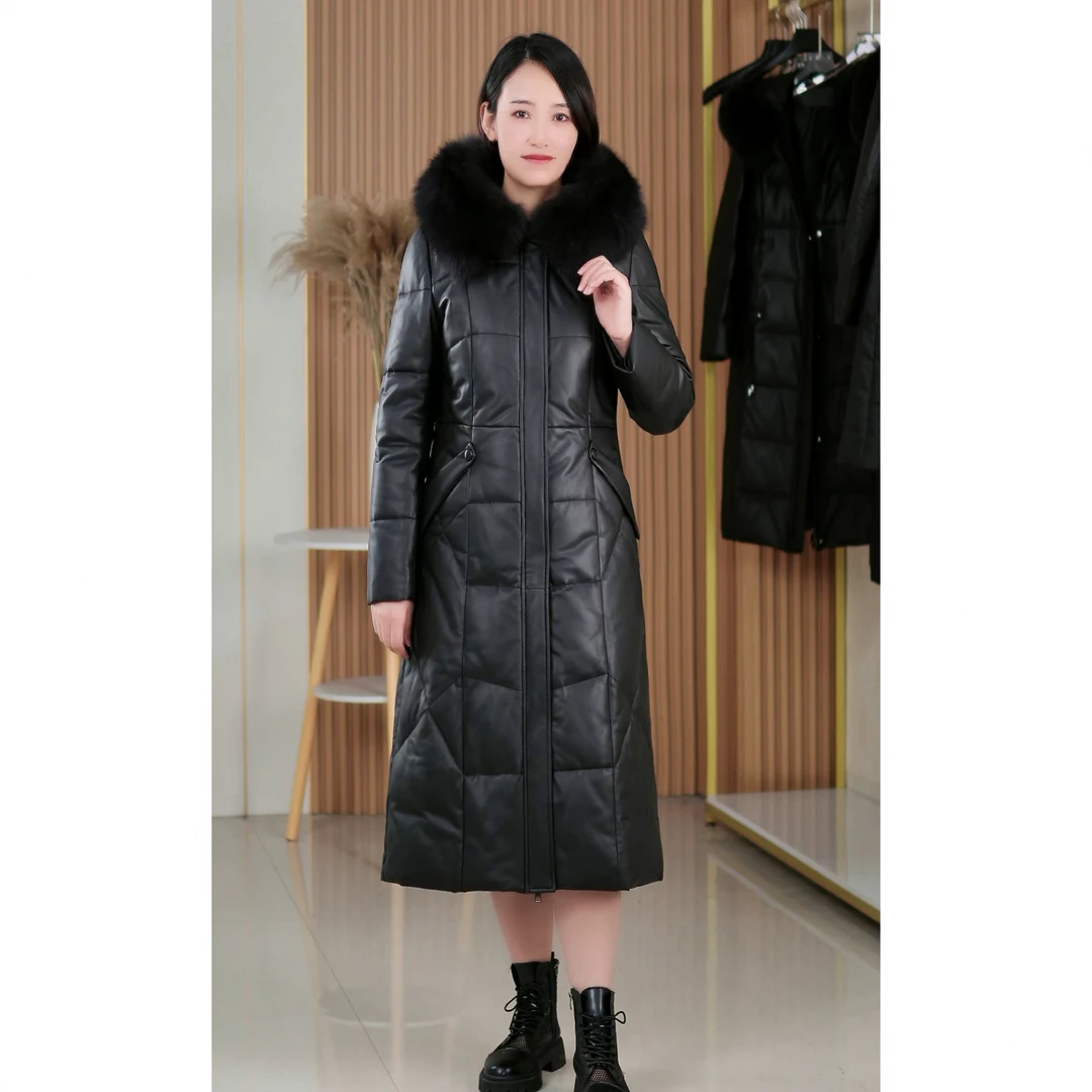 真皮羽绒服女长款连帽绵羊皮真皮鹅绒服狐狸毛领修身显瘦真皮外套