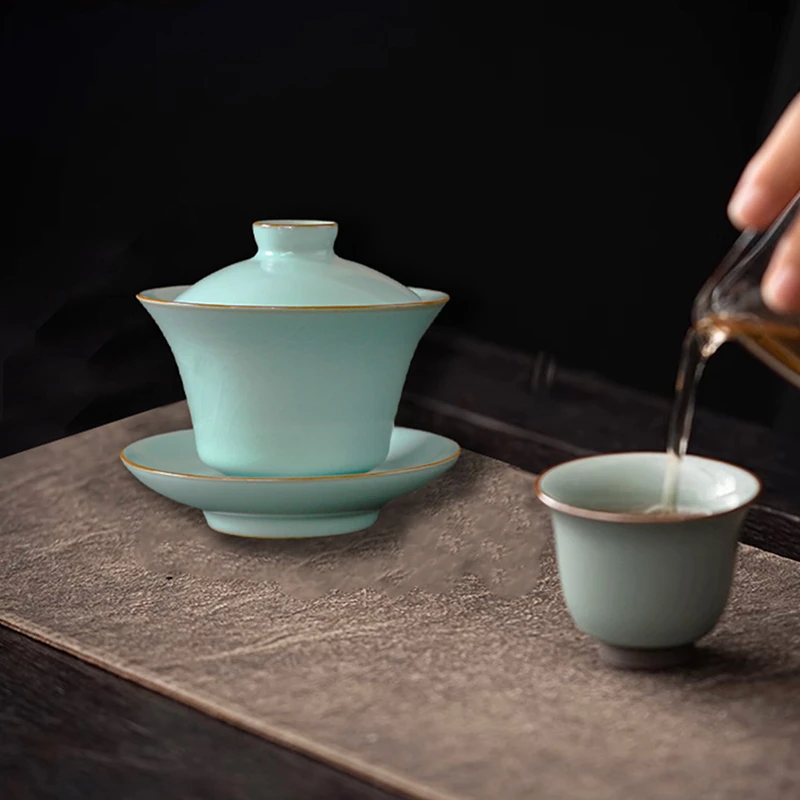 【天青】景德镇雅馨盖碗汝窑大师手作开片可养茶杯高档功夫泡茶碗