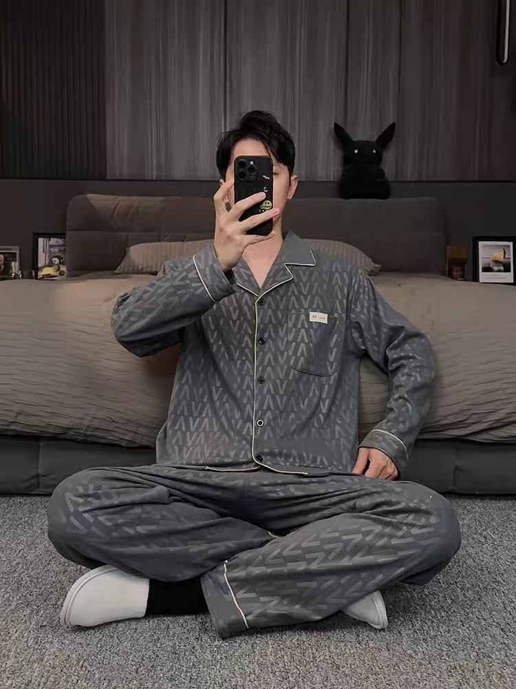 （德绒家居服男士高级灰字母秋冬加厚长袖长裤