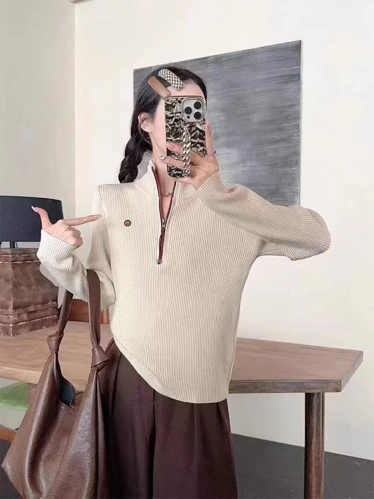 【m豆】2024秋冬新款韩版半高领坑条套头显瘦长袖百搭三条毛加厚