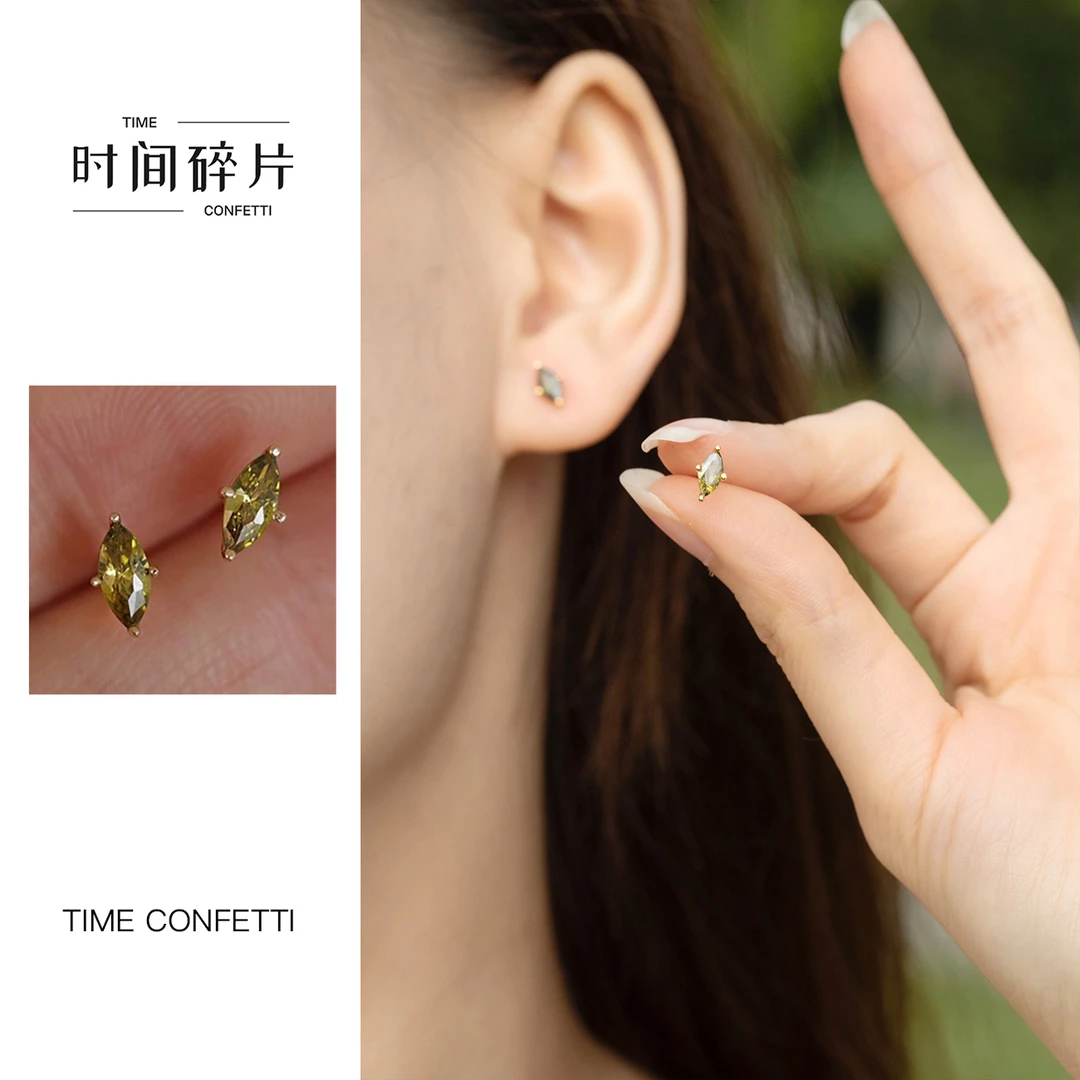 925银耳饰 【孙二娘】日系简约橄榄绿马眼绿锆石耳钉TC 3742
