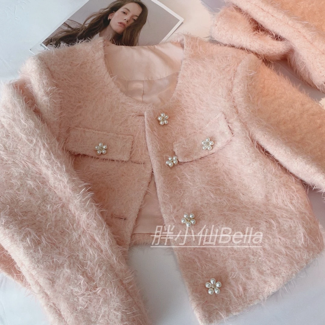 胖小仙秋冬<花漾甜心>粉色小香风外套气质洋气百搭加厚甜美甜美