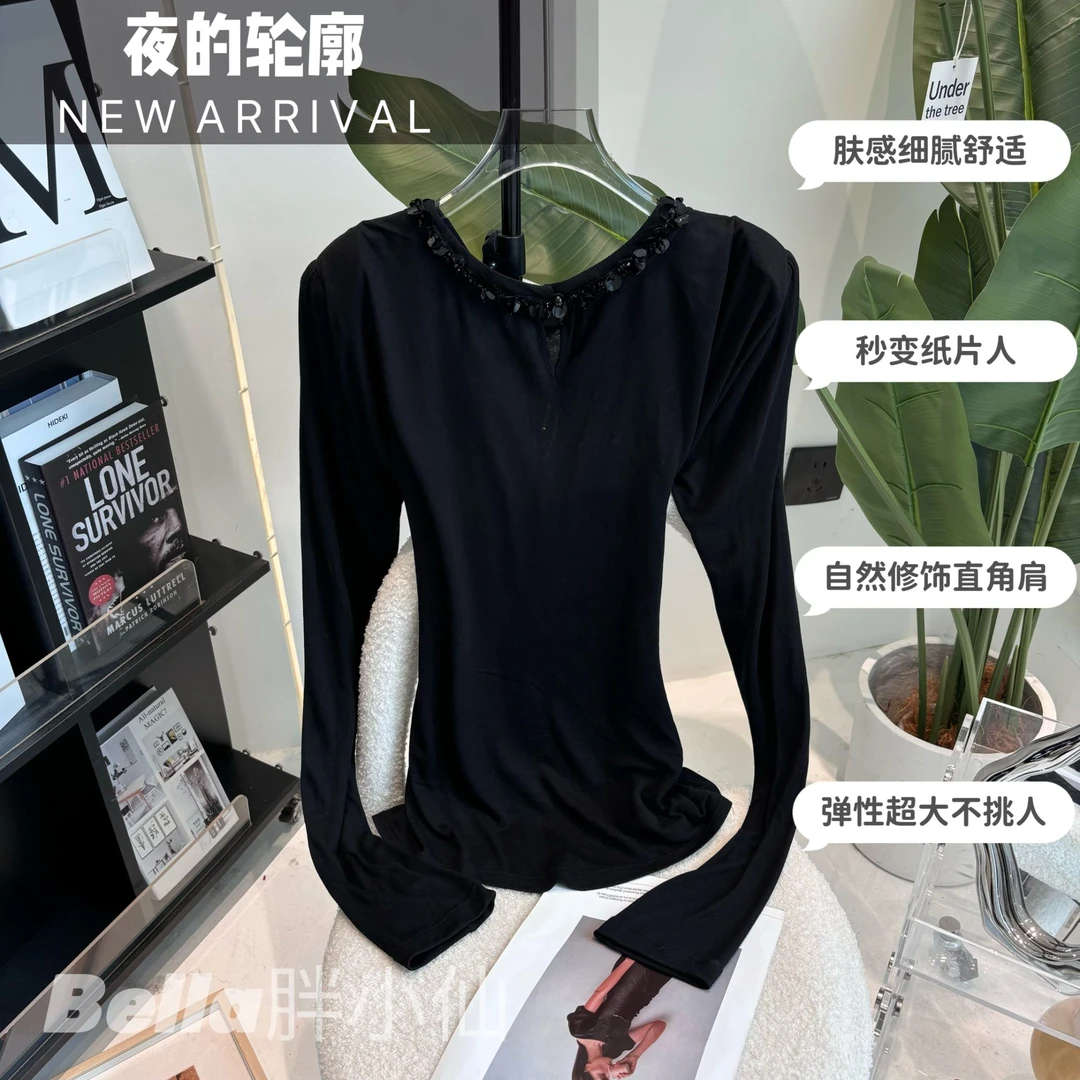 【胖小仙】<夜的轮廓>高弹舒适显瘦时尚肤感直角肩纸片人打底上衣