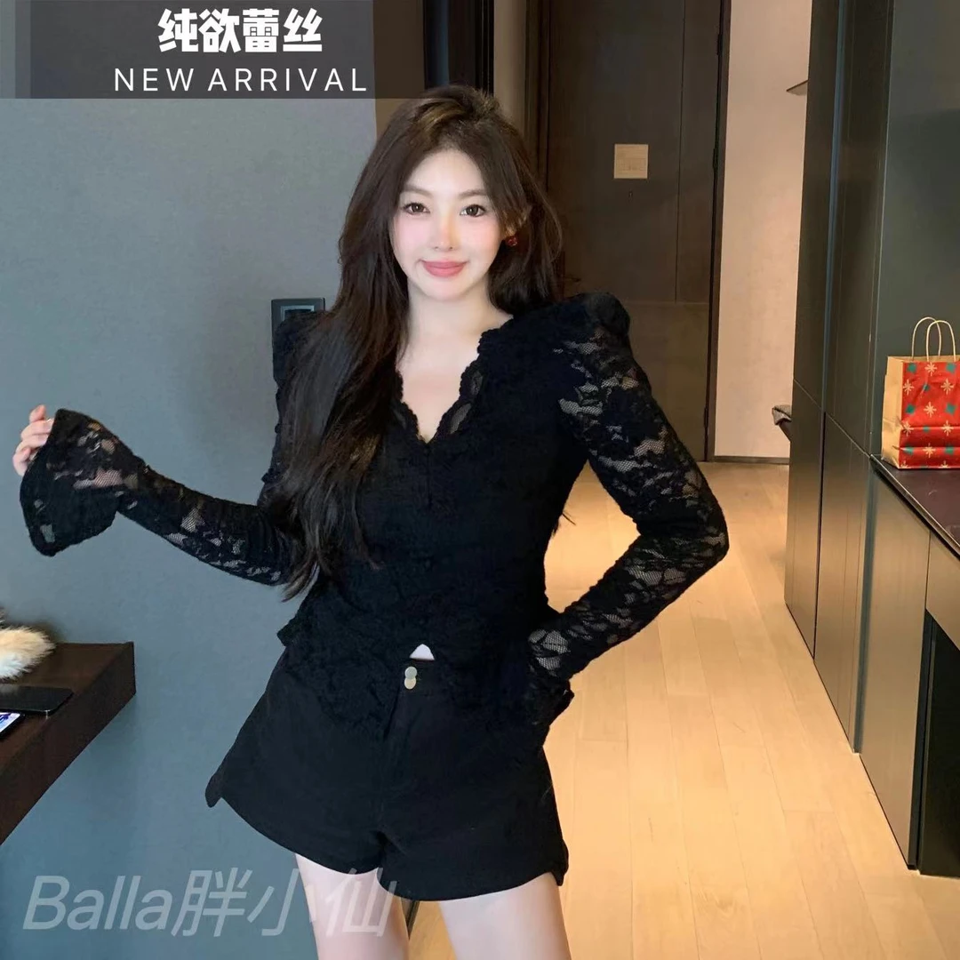 胖小仙秋冬<纯欲蕾丝>蕾丝上衣微胖显瘦温柔气质时尚镂空收腰