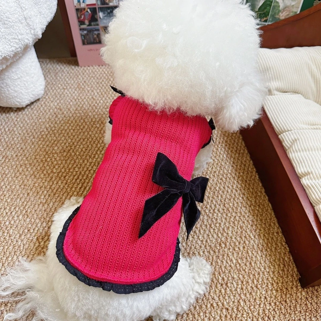 狗狗衣服秋冬新款蝴蝶结泡泡外套加厚毛衣宠物比熊泰迪新年礼服
