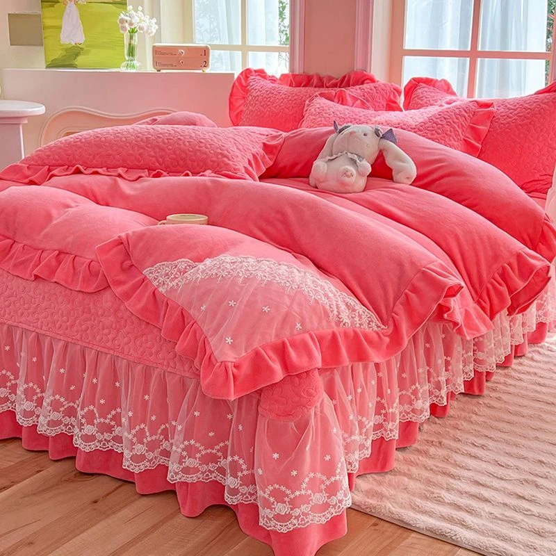 公主风韩版夹棉床盖三件套牛奶绒床盖四件套床裙加厚加绒十斤重