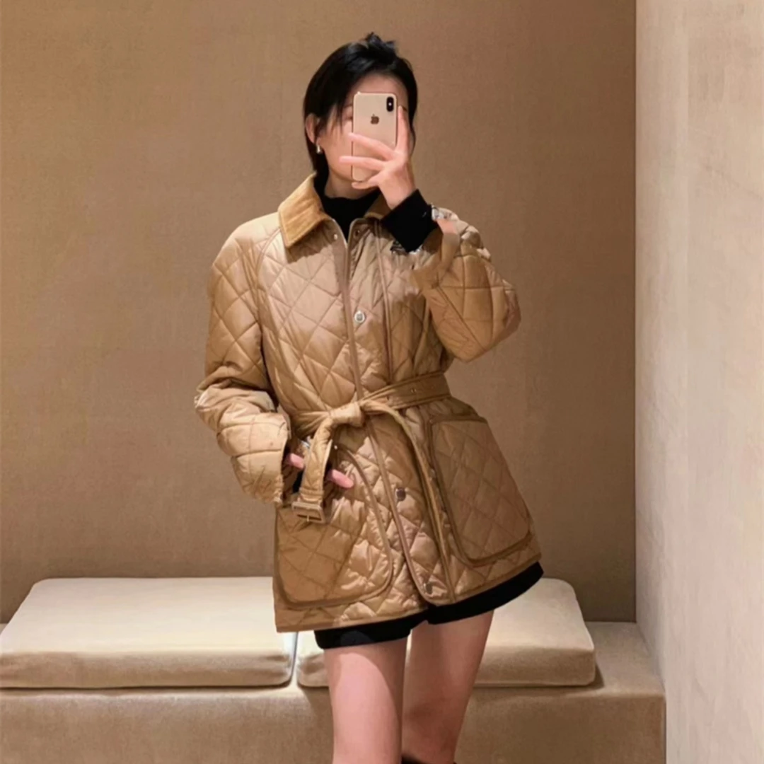 时尚灯芯绒翻领复古菱形格系腰带棉服外套女 JZ01